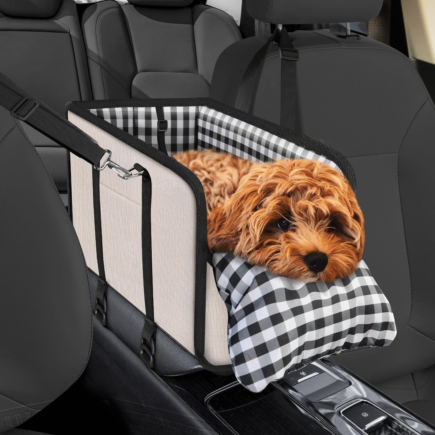 Calming Dog Bed - เบาะนั่งในรถสำหรับสัตว์เลี้ยงแบบพกพาสำหรับสุนัขขนาดเล็ก พร้อมเบาะนุ่มและเข็มขัดนิรภัย อุปกรณ์เสริมสำหรับสุนัข